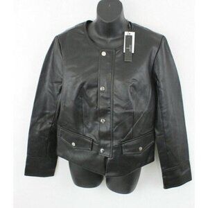 T Tahari Women Jacket Moto Fashion Snap Button Faux Leather Black Sz 10